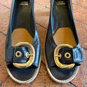Stuart Weitzman Black Leather Peep-Toe Heels w/ Gold Buckle – Size 8